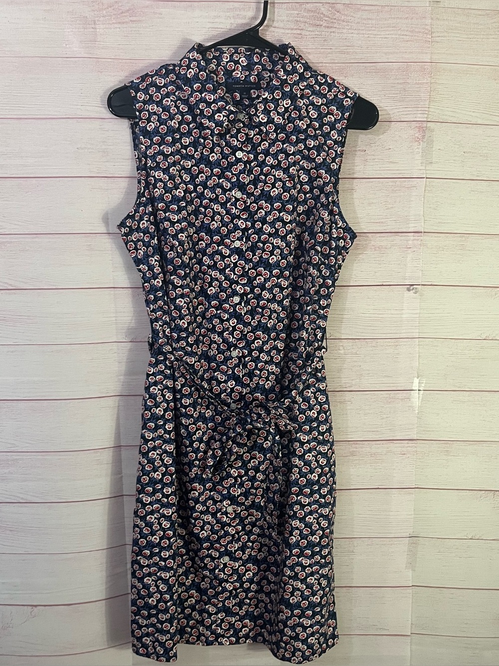 Tommy Hilfiger Blue Floral Front Button Belted Sleeveless Pocket Shirt Dress 10
